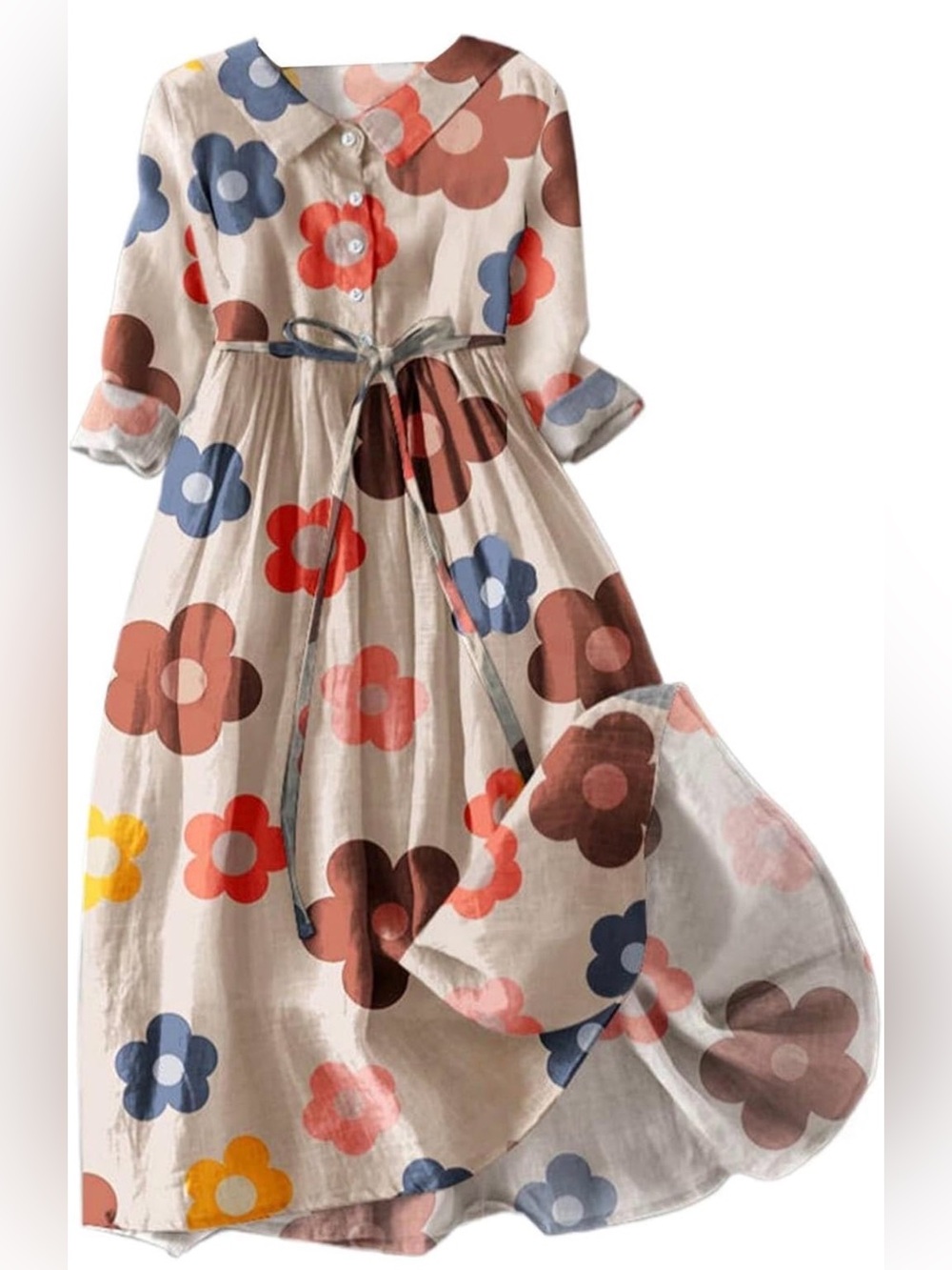 Women’s Floral Tie-Waist Long Sleeve Dress - Cream with Multi-Color Flowers - Picture 2 of 4